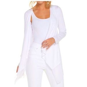 Joan Rivers cardigan. Jersey  and chiffon , handkerchief edged . 1X